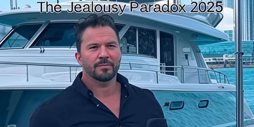 The Jealousy Paradox 2025 — Miami influencer standing by yacht holding phone